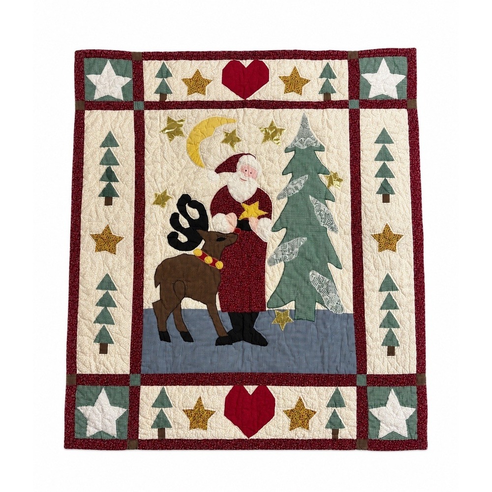 Vtn Handmade Christmas Santa Raindeer Quilted Wall Hanging Or Lap Quilt 57"x47"